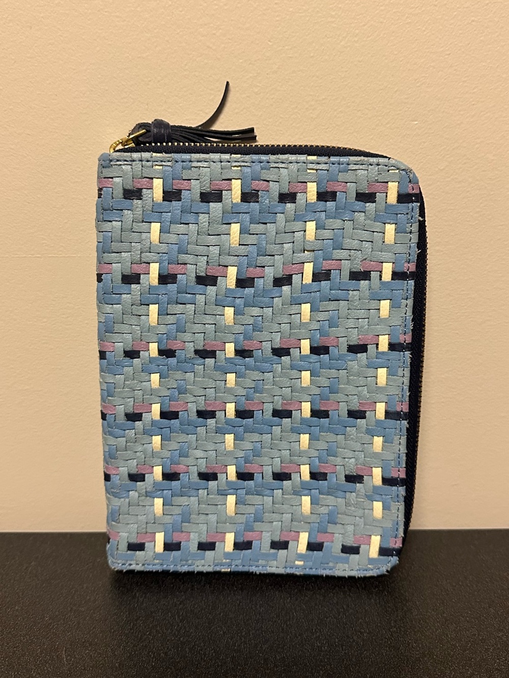 Anthropologie Frankie Leather Zip-Up Journal Woven Blue Zipper